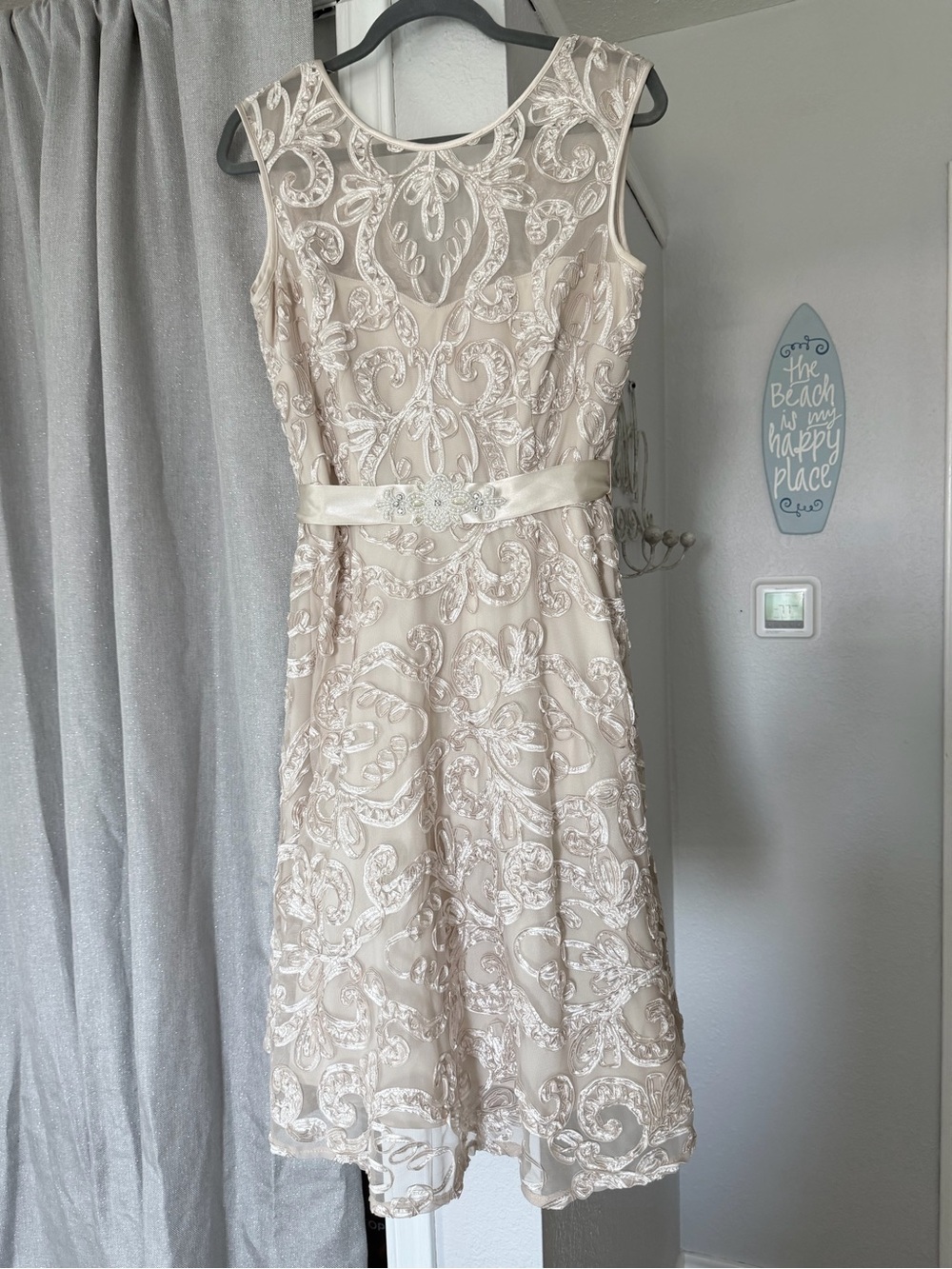 Betsy & Adam Champagne Ivory Embroidered Cocktail Midi Dress